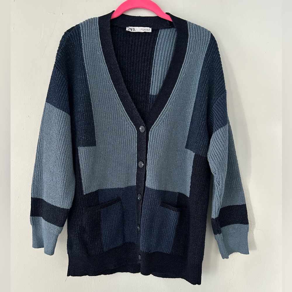 ZARA Blue Patchwork Chunky Knit V Neck Cardigan Sweater
